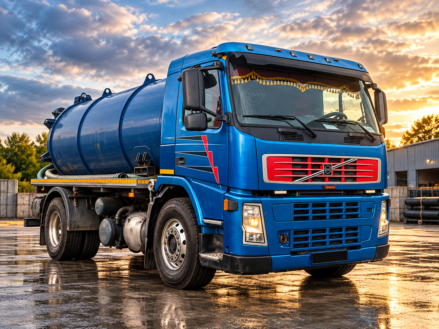 Niebieskie Volvo LuMa z zabudową asenizacyjną
